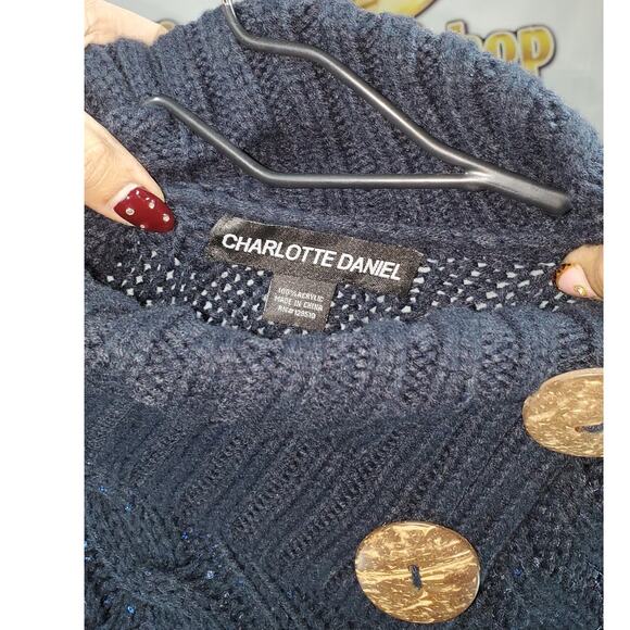 Charlotte Daniel Navy Blue Sparkle Knit Shawl Poncho with Fringe – One Size - Picture 3 of 5
